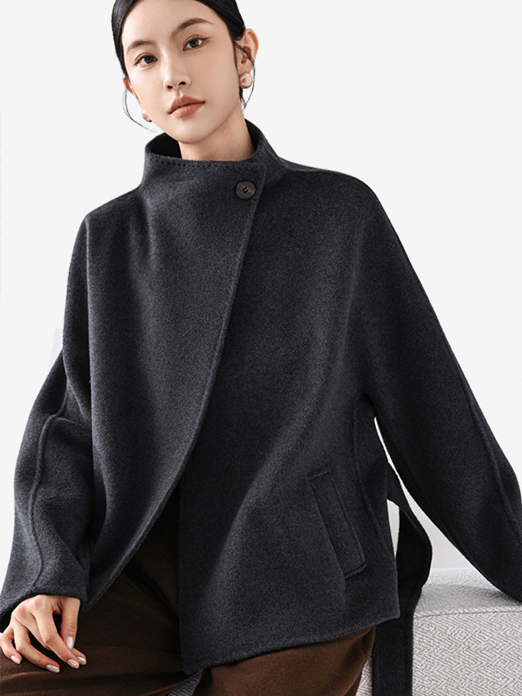 LANLY Short Cashmere Wool Coat Women - Alashan Cashmere & Fine Merino Wool Blend Lightweight Warm High Neck Belted Wrap Jacket
