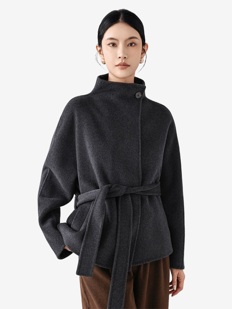LANLY Short Cashmere Wool Coat Women - Alashan Cashmere & Fine Merino Wool Blend Lightweight Warm High Neck Belted Wrap Jacket