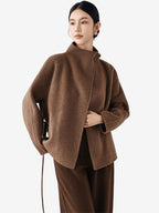 LANLY Short Cashmere Wool Coat Women - Alashan Cashmere & Fine Merino Wool Blend Lightweight Warm High Neck Belted Wrap Jacket
