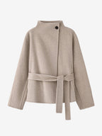 LANLY Short Cashmere Wool Coat Women - Alashan Cashmere & Fine Merino Wool Blend Lightweight Warm High Neck Belted Wrap Jacket