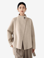 LANLY Short Cashmere Wool Coat Women - Alashan Cashmere & Fine Merino Wool Blend Lightweight Warm High Neck Belted Wrap Jacket