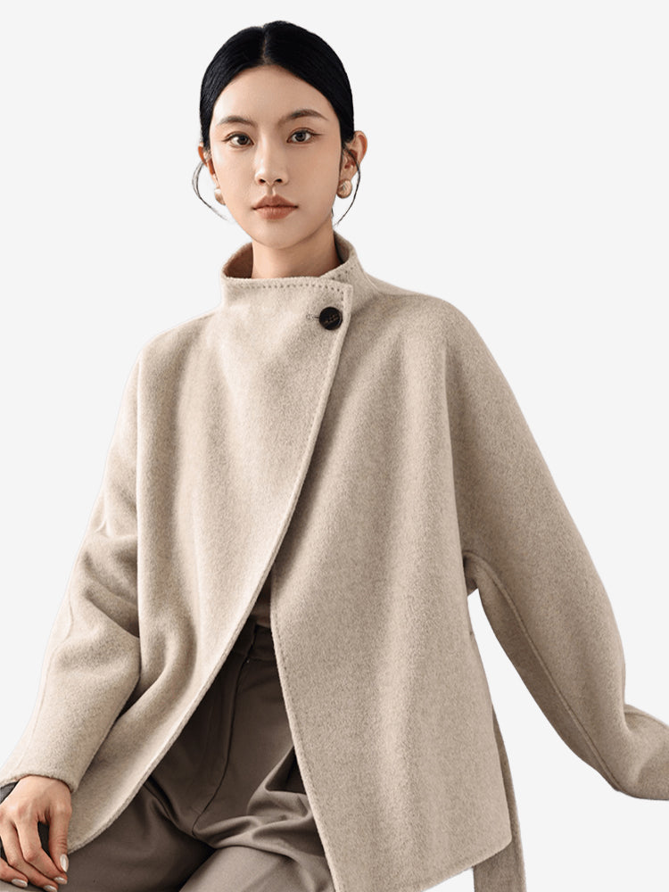 LANLY Short Cashmere Wool Coat Women - Alashan Cashmere & Fine Merino Wool Blend Lightweight Warm High Neck Belted Wrap Jacket