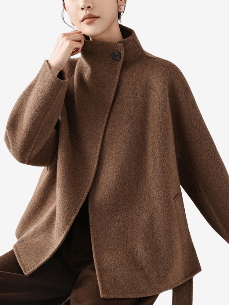 LANLY Short Cashmere Wool Coat Women - Alashan Cashmere & Fine Merino Wool Blend Lightweight Warm High Neck Belted Wrap Jacket