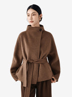 LANLY Short Cashmere Wool Coat Women - Alashan Cashmere & Fine Merino Wool Blend Lightweight Warm High Neck Belted Wrap Jacket