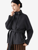 LANLY Short Cashmere Wool Coat Women - Alashan Cashmere & Fine Merino Wool Blend Lightweight Warm High Neck Belted Wrap Jacket