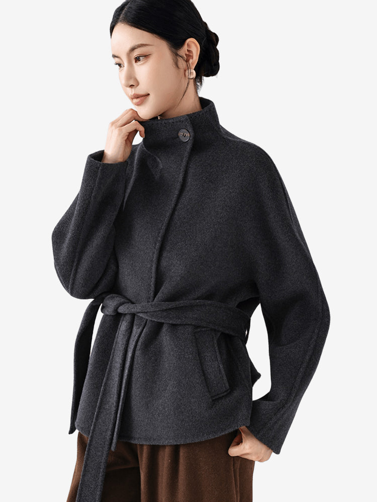 LANLY Short Cashmere Wool Coat Women - Alashan Cashmere & Fine Merino Wool Blend Lightweight Warm High Neck Belted Wrap Jacket