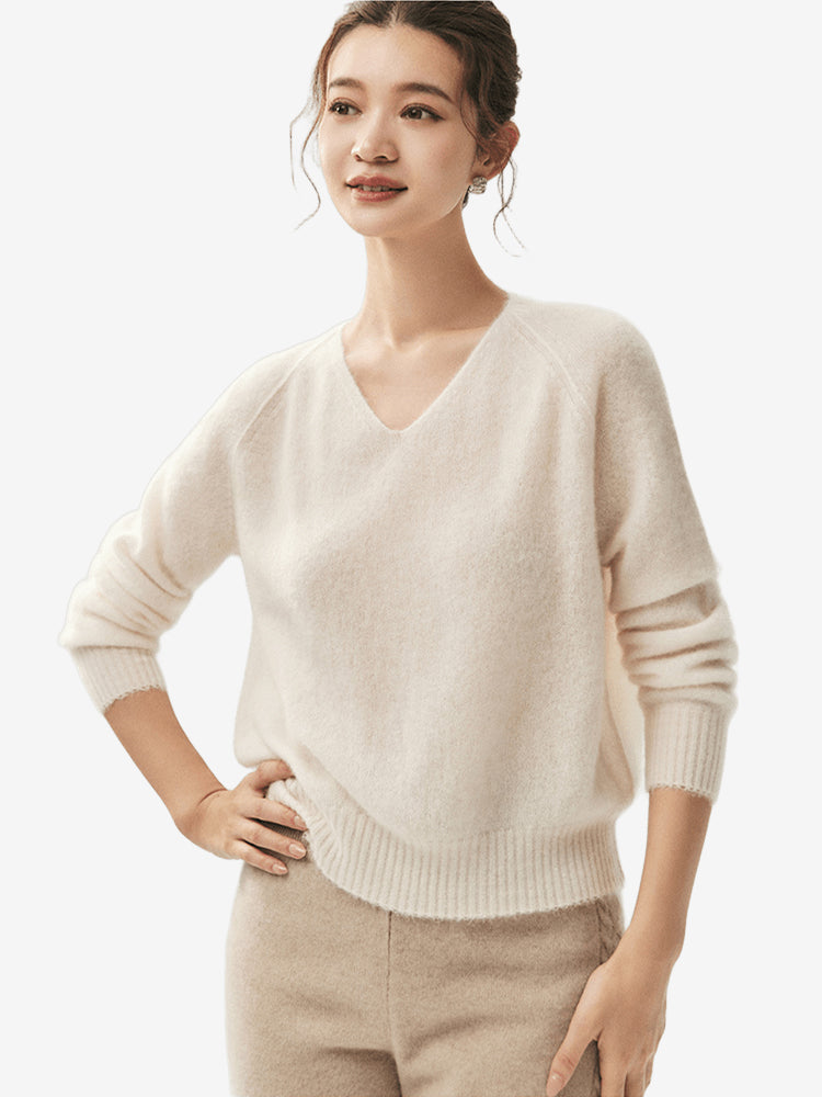 LANLY Quiet Luxury Inner Mongolia Pure Cashmere Sweater – Slouchy V-Neck Raglan Sleeve Knitwear for Wholesale & OEM