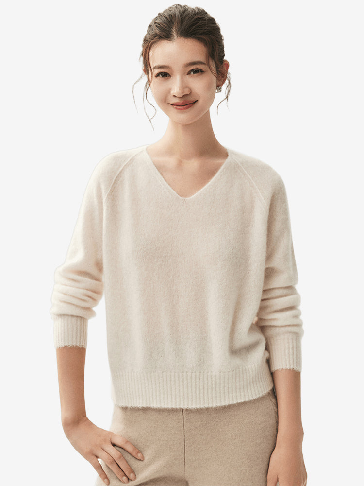 LANLY Quiet Luxury Inner Mongolia Pure Cashmere Sweater – Slouchy V-Neck Raglan Sleeve Knitwear for Wholesale & OEM