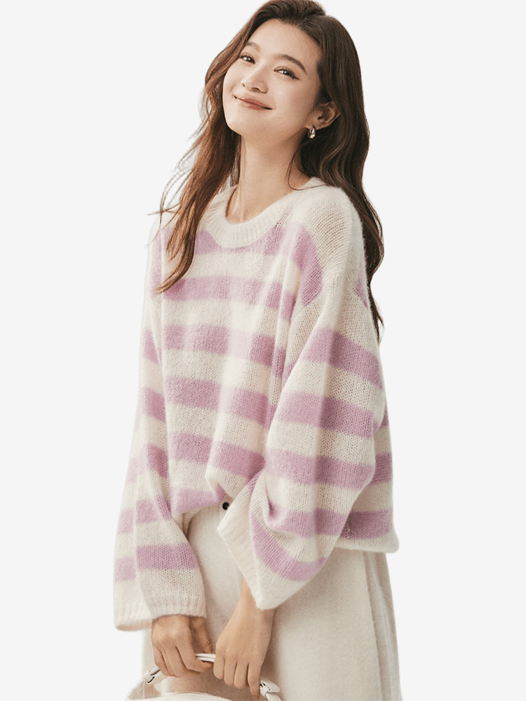 LANLY - Striped Cashmere Sweater Silk Mongolian Crewneck Drop Shoulder Pullover