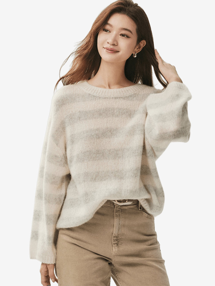 LANLY - Striped Cashmere Sweater Silk Mongolian Crewneck Drop Shoulder Pullover