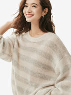 LANLY - Striped Cashmere Sweater Silk Mongolian Crewneck Drop Shoulder Pullover