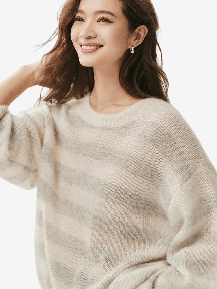 LANLY - Striped Cashmere Sweater Silk Mongolian Crewneck Drop Shoulder Pullover