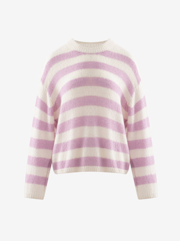 LANLY - Striped Cashmere Sweater Silk Mongolian Crewneck Drop Shoulder Pullover