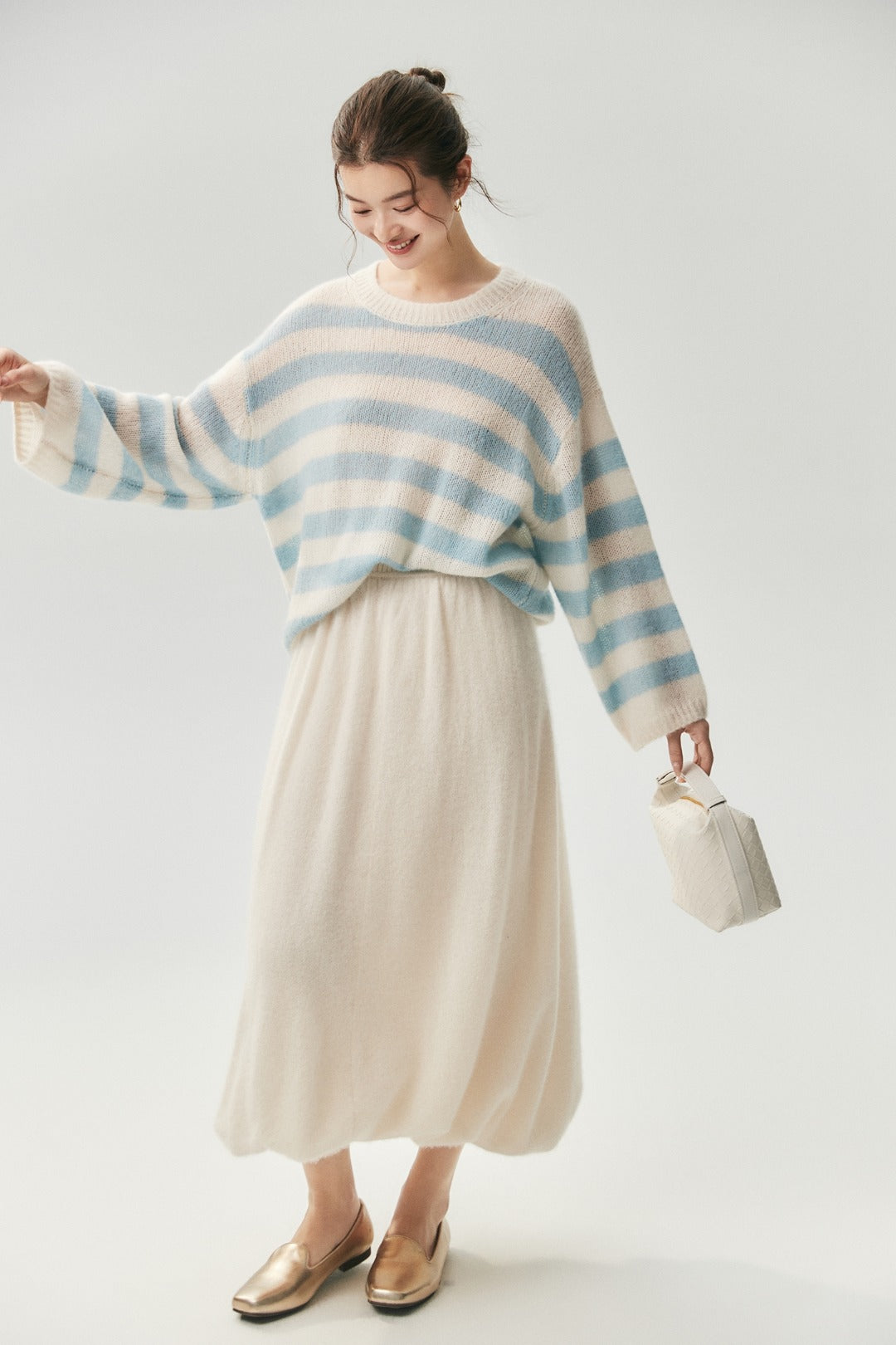 LANLY - Striped Cashmere Sweater Silk Mongolian Crewneck Drop Shoulder Pullover