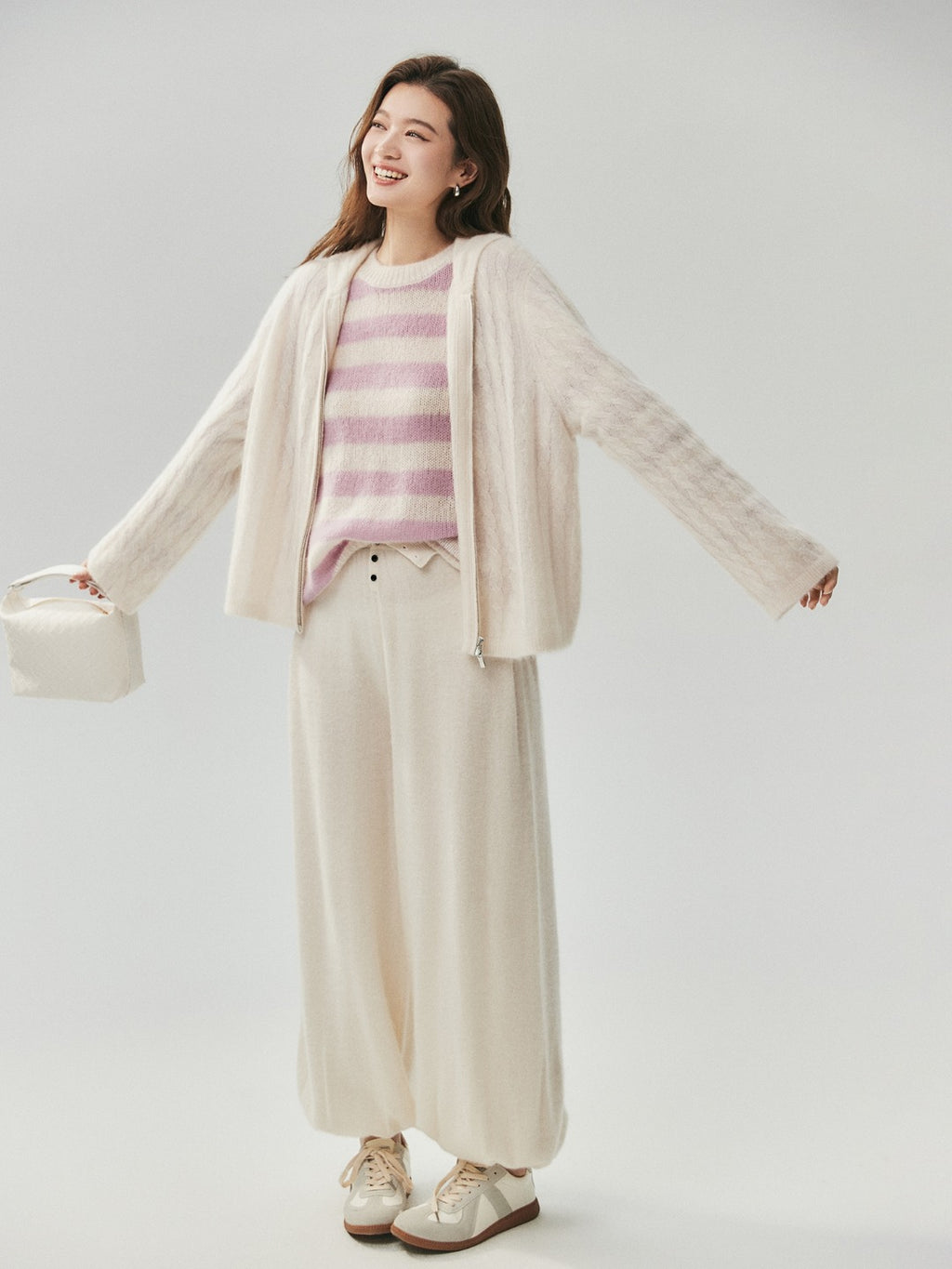 LANLY - Striped Cashmere Sweater Silk Mongolian Crewneck Drop Shoulder Pullover