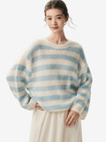 LANLY - Striped Cashmere Sweater Silk Mongolian Crewneck Drop Shoulder Pullover