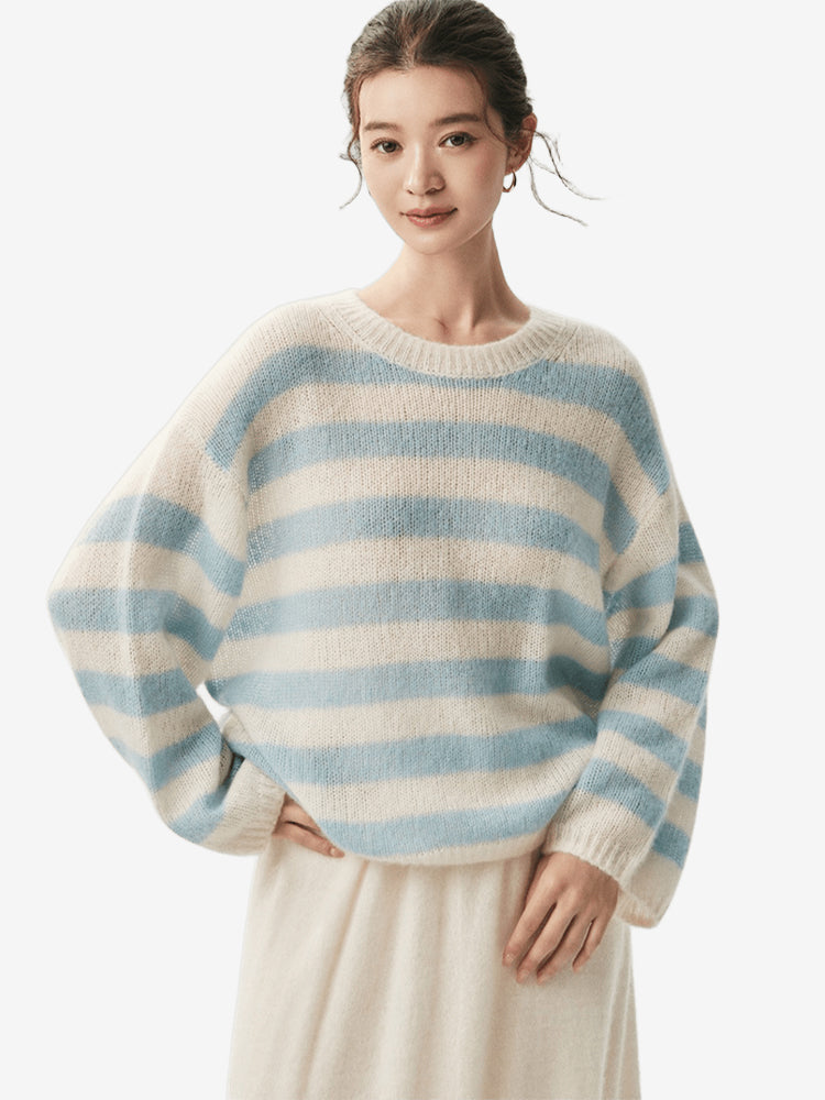 LANLY - Striped Cashmere Sweater Silk Mongolian Crewneck Drop Shoulder Pullover