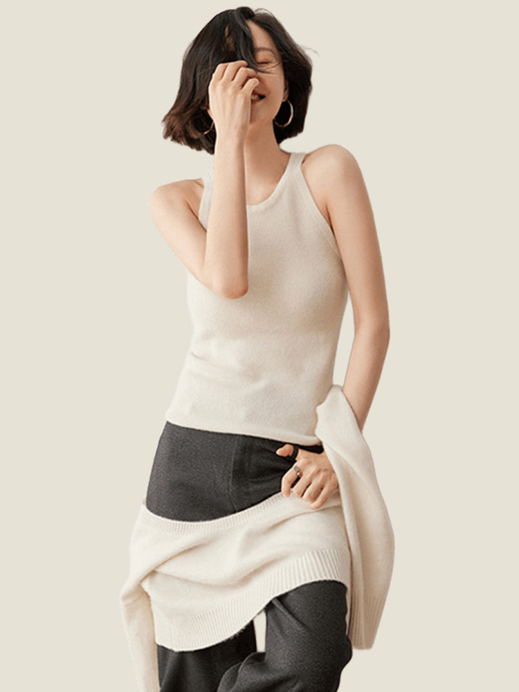 LanlyCashmere Women’s Cashmere Crop Top – Ribbed Knit Sleeveless Fitted Tank