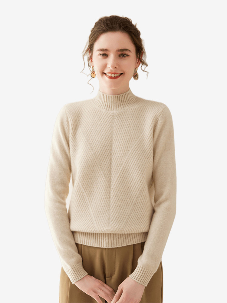 LanlyCashmere Women's Wool Cashmere Blend Mock Neck Sweater – Diagonal Rib Knit Pullover