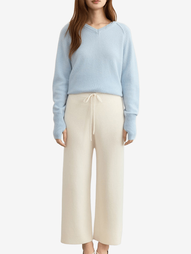 LANLY - Women's Cashmere Pants Mongolian Full Needle Rib Knit Wide Leg Pants