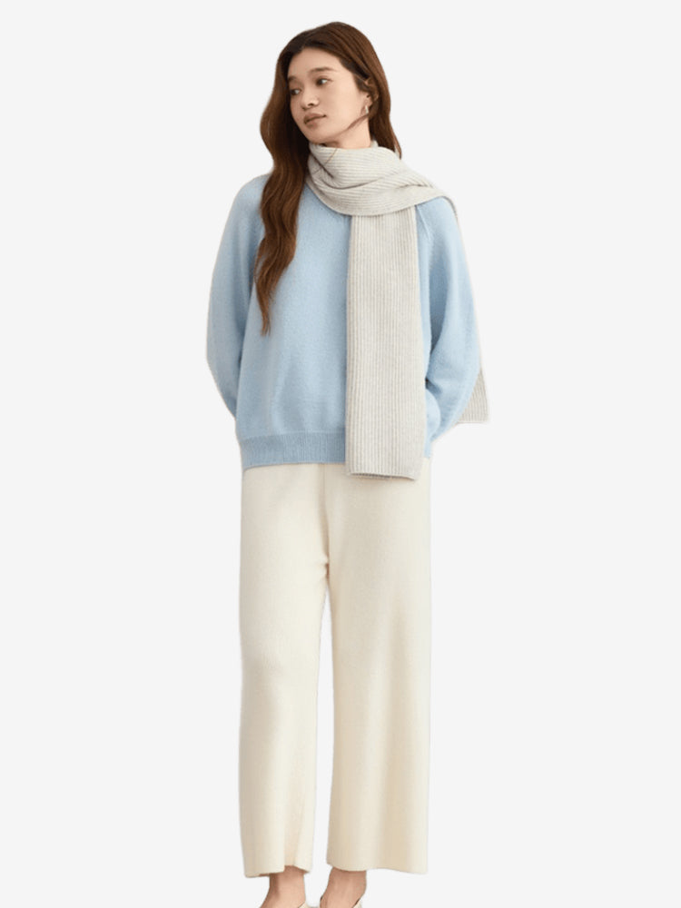 LANLY - Women's Cashmere Pants Mongolian Full Needle Rib Knit Wide Leg Pants