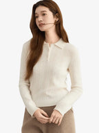 LANLY - Women's Cashmere Polo Sweater Mongolian Pointelle Long Sleeve Top