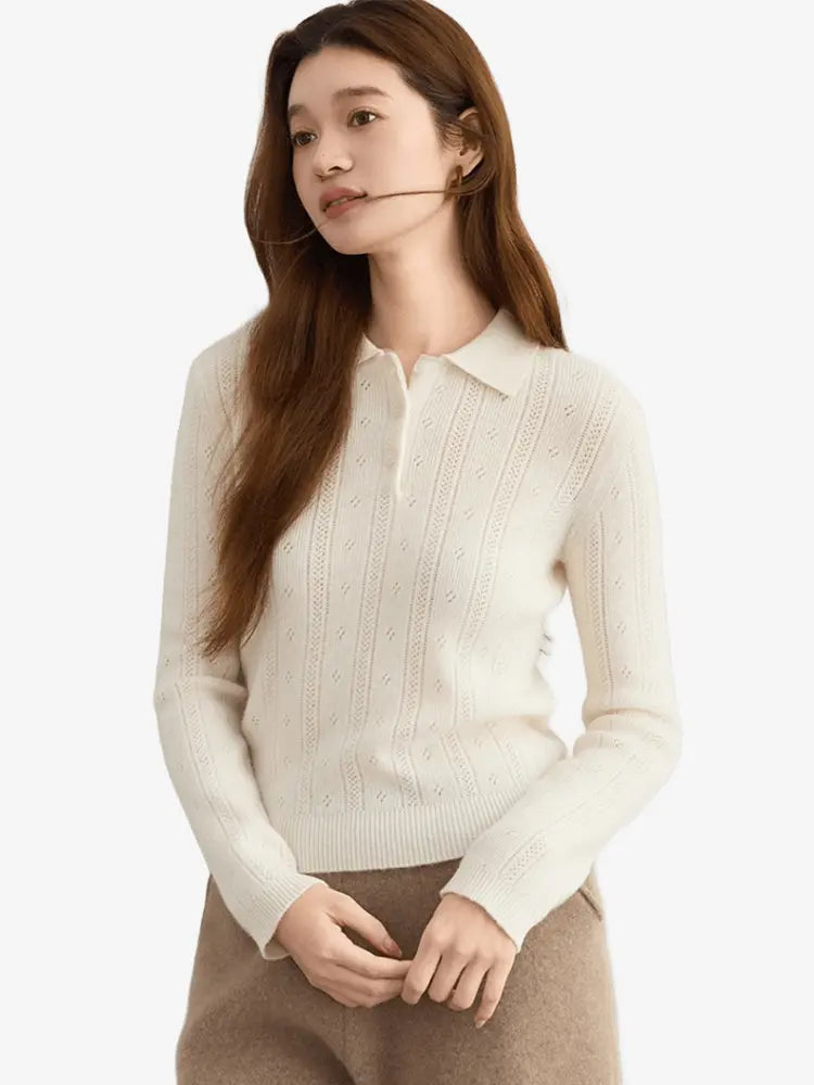 LANLY - Women's Cashmere Polo Sweater Mongolian Pointelle Long Sleeve Top