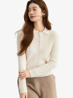LANLY - Women's Cashmere Polo Sweater Mongolian Pointelle Long Sleeve Top