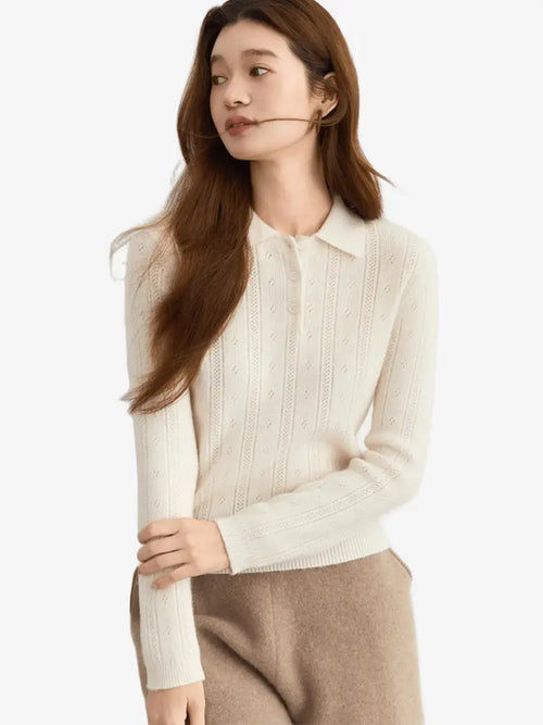 LANLY - Women's Cashmere Polo Sweater Mongolian Pointelle Long Sleeve Top