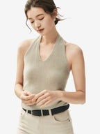 LANLY - Wholesale Cashmere Halter Top Mongolian V-Neck Sleeveless Ribbed Knit Camisole