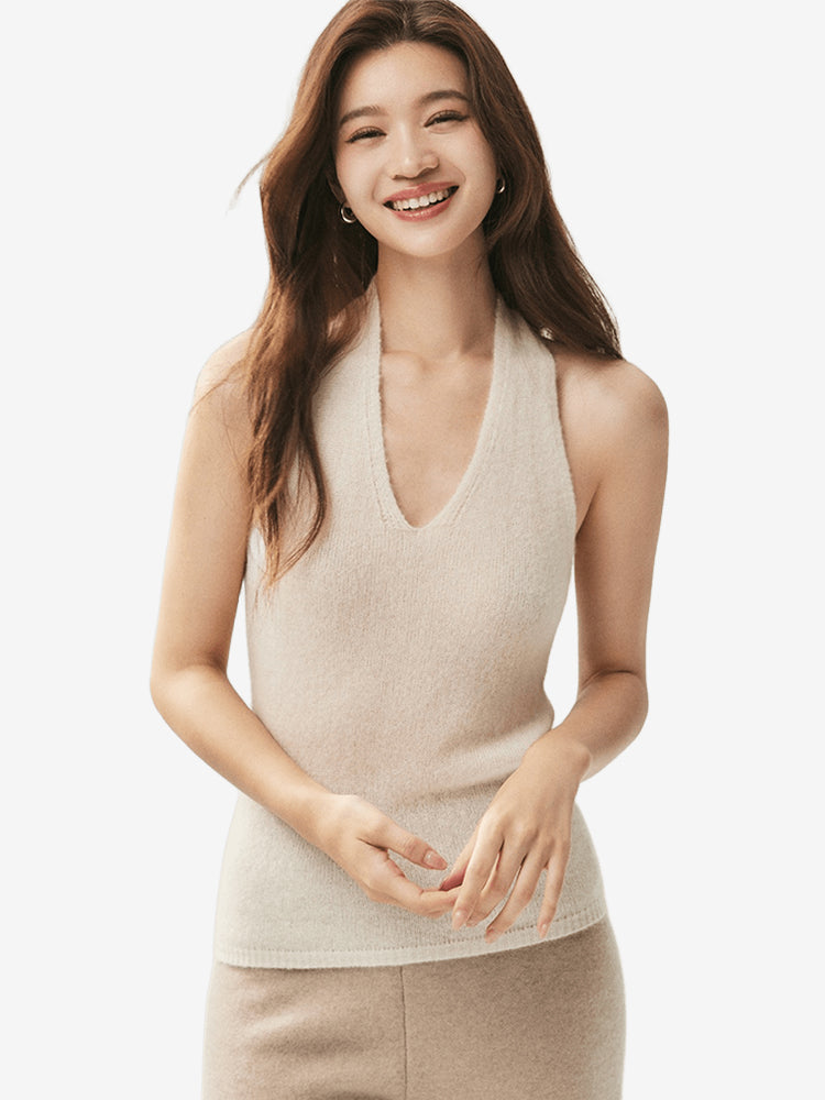 LANLY - Wholesale Cashmere Halter Top Mongolian V-Neck Sleeveless Ribbed Knit Camisole