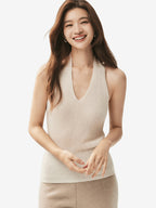 LANLY - Wholesale Cashmere Halter Top Mongolian V-Neck Sleeveless Ribbed Knit Camisole