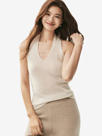 LANLY - Wholesale Cashmere Halter Top Mongolian V-Neck Sleeveless Ribbed Knit Camisole
