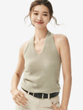 LANLY - Wholesale Cashmere Halter Top Mongolian V-Neck Sleeveless Ribbed Knit Camisole