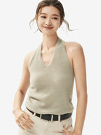 LANLY - Wholesale Cashmere Halter Top Mongolian V-Neck Sleeveless Ribbed Knit Camisole
