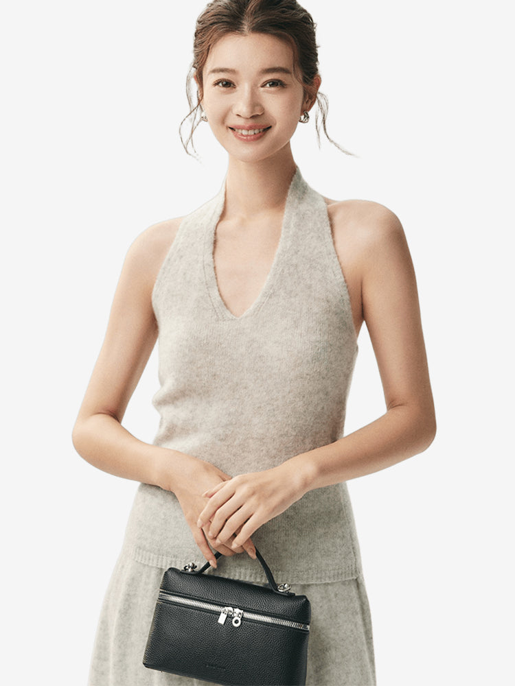LANLY - Wholesale Cashmere Halter Top Mongolian V-Neck Sleeveless Ribbed Knit Camisole
