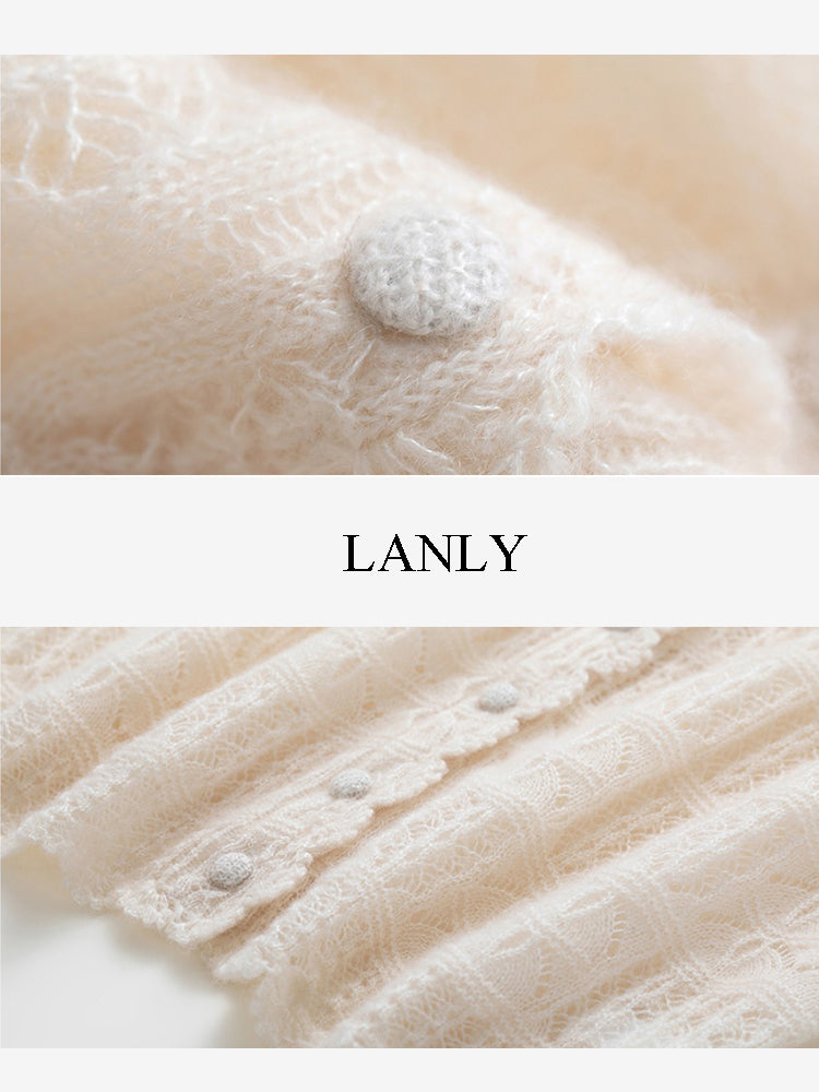 LANLY - Wholesale Crochet Knit Cardigan Mongolian Openwork Scalloped Edge Buttoned Sweater