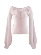 LANLY - Wholesale Floral Applique Knitwear Mongolian Silk Cashmere Rosette V-Neck Lantern Sleeve Cardigan