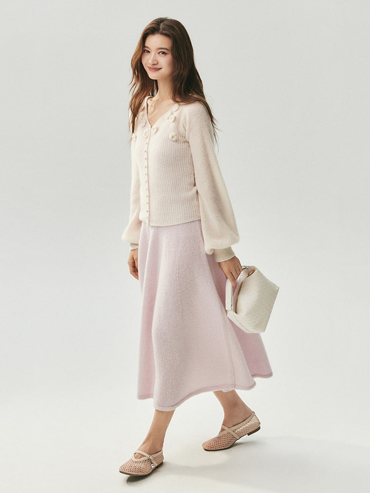 LANLY - Wholesale Floral Applique Knitwear Mongolian Silk Cashmere Rosette V-Neck Lantern Sleeve Cardigan