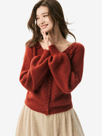 LANLY - Wholesale Floral Applique Knitwear Mongolian Silk Cashmere Rosette V-Neck Lantern Sleeve Cardigan