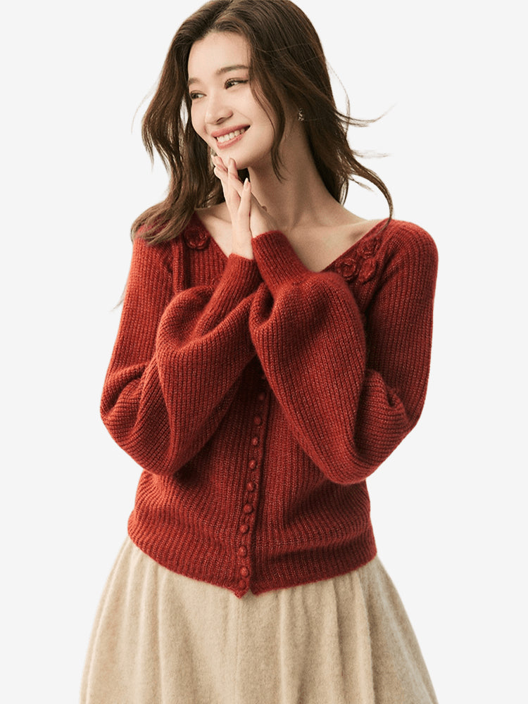 LANLY - Wholesale Floral Applique Knitwear Mongolian Silk Cashmere Rosette V-Neck Lantern Sleeve Cardigan