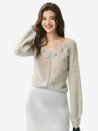 LANLY - Wholesale Floral Applique Knitwear Mongolian Silk Cashmere Rosette V-Neck Lantern Sleeve Cardigan