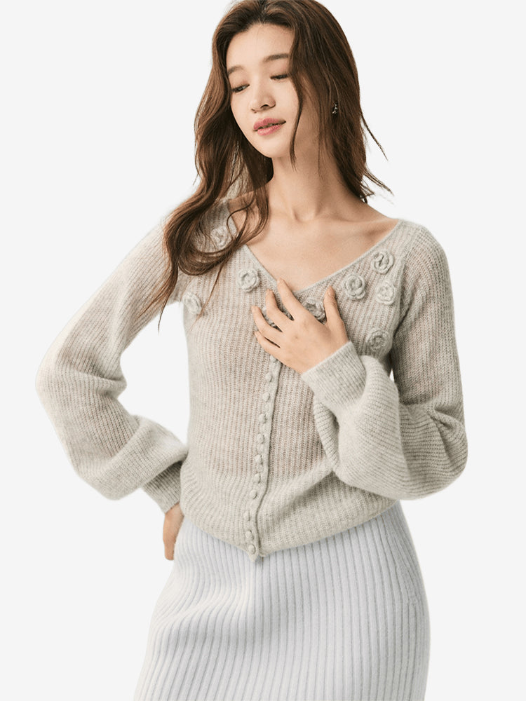 LANLY - Wholesale Floral Applique Knitwear Mongolian Silk Cashmere Rosette V-Neck Lantern Sleeve Cardigan