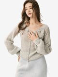 LANLY - Wholesale Floral Applique Knitwear Mongolian Silk Cashmere Rosette V-Neck Lantern Sleeve Cardigan