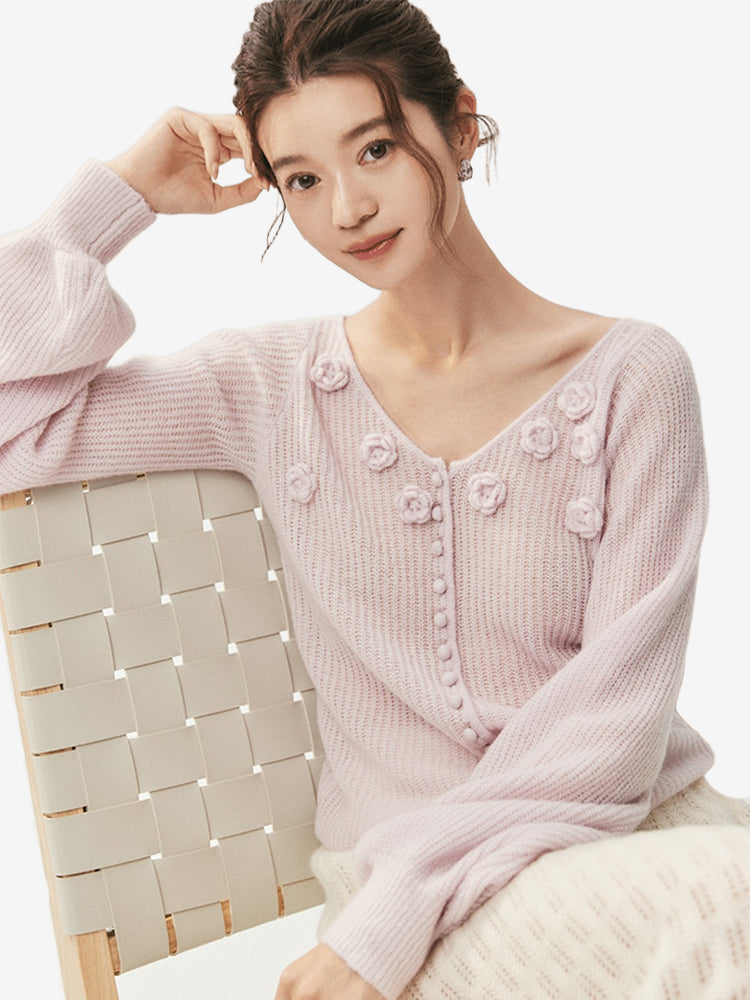 LANLY - Wholesale Floral Applique Knitwear Mongolian Silk Cashmere Rosette V-Neck Lantern Sleeve Cardigan