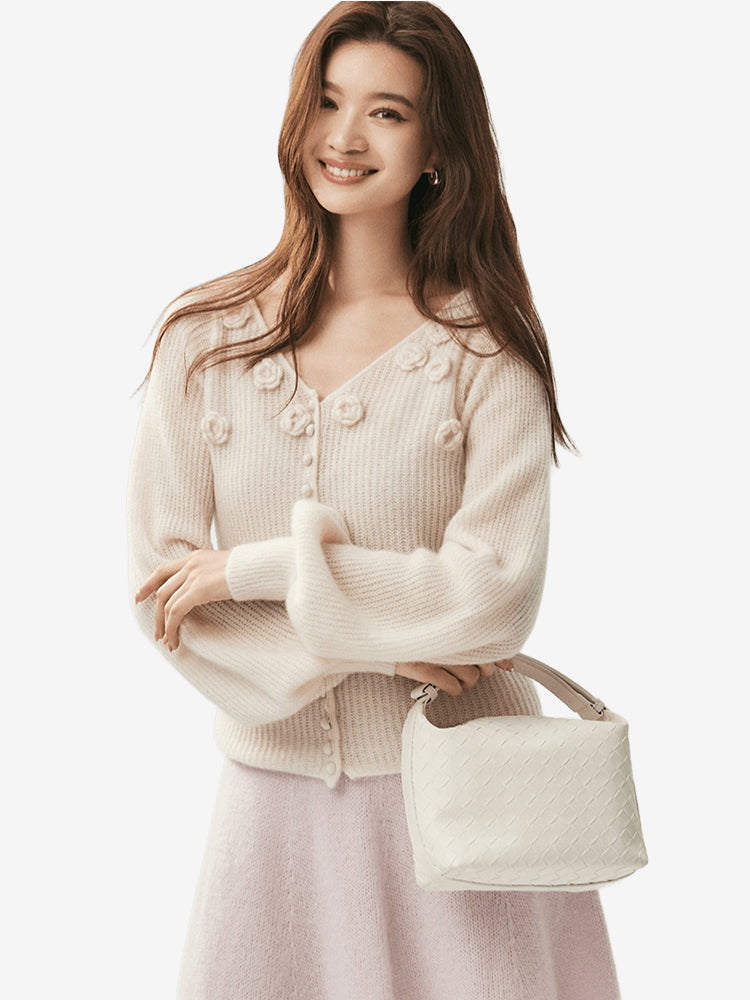LANLY - Wholesale Floral Applique Knitwear Mongolian Silk Cashmere Rosette V-Neck Lantern Sleeve Cardigan