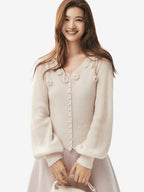 LANLY - Wholesale Floral Applique Knitwear Mongolian Silk Cashmere Rosette V-Neck Lantern Sleeve Cardigan