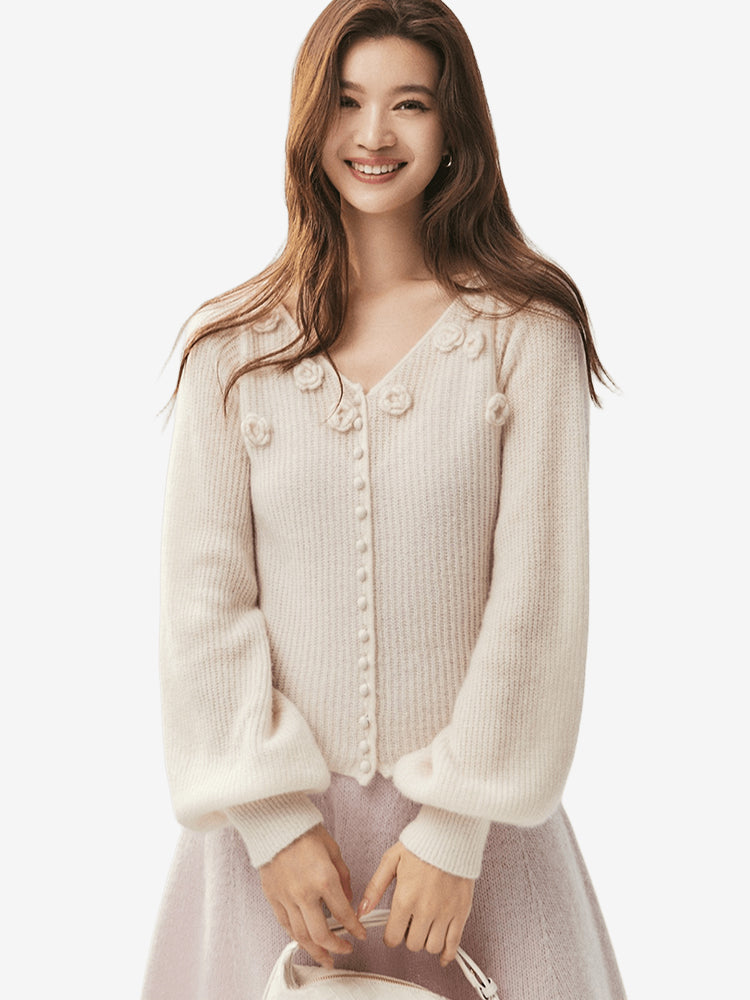 LANLY - Wholesale Floral Applique Knitwear Mongolian Silk Cashmere Rosette V-Neck Lantern Sleeve Cardigan
