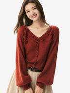 LANLY - Wholesale Floral Applique Knitwear Mongolian Silk Cashmere Rosette V-Neck Lantern Sleeve Cardigan