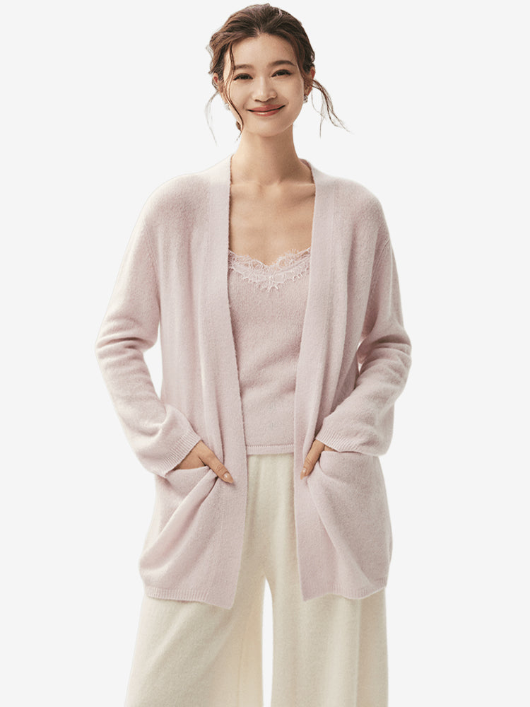 LANLY - Wholesale Open Front Cardigan with Pockets Mongolian Mid-Length Cashmere Loose Outerwear